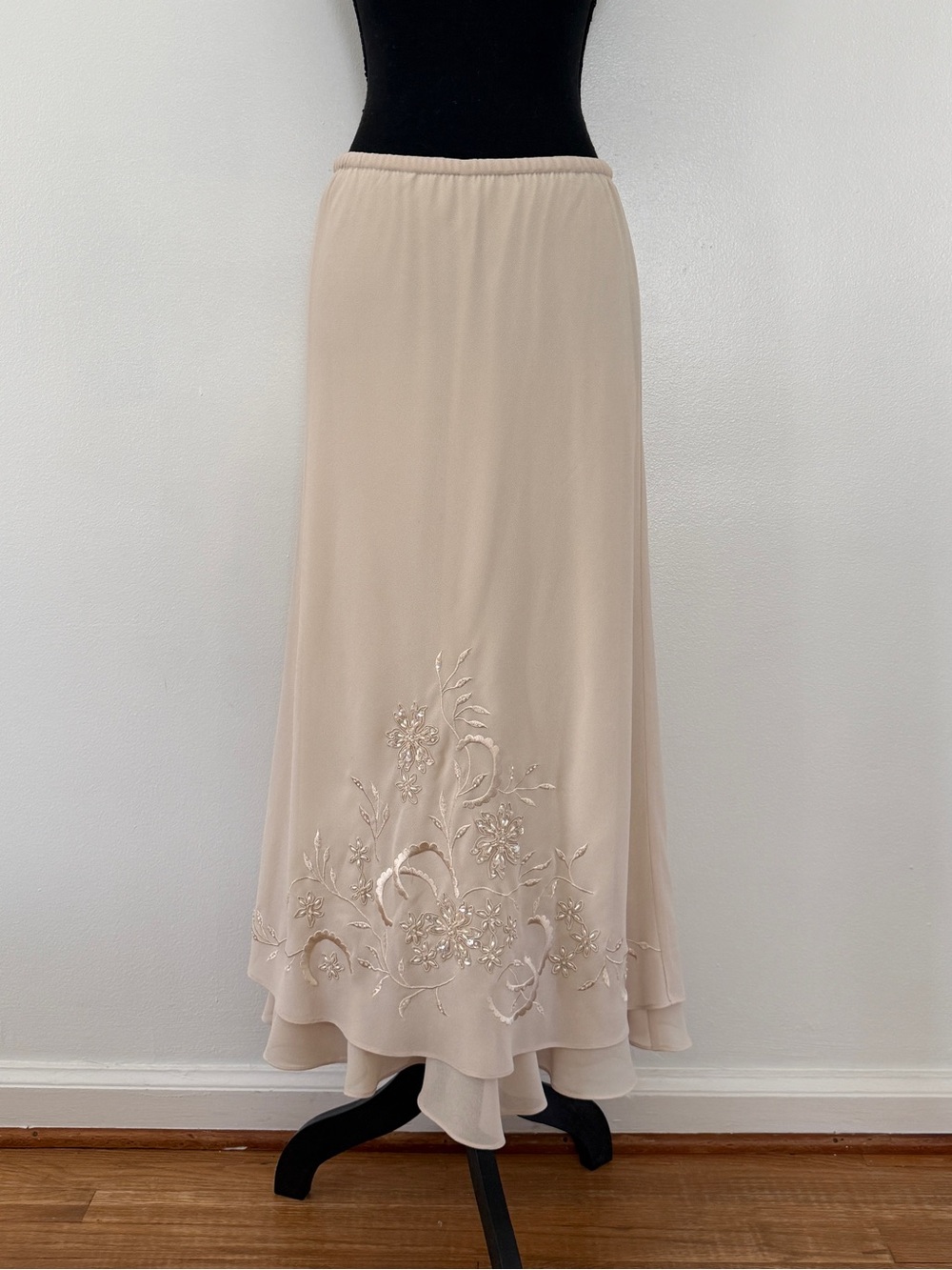 Cream Embroidered Maxi Skirt with Elastic Waistband